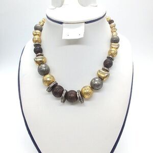 Vintage Liz Claiborne Graduated Beaded Necklace Gold Silver Bronze Tone Textured